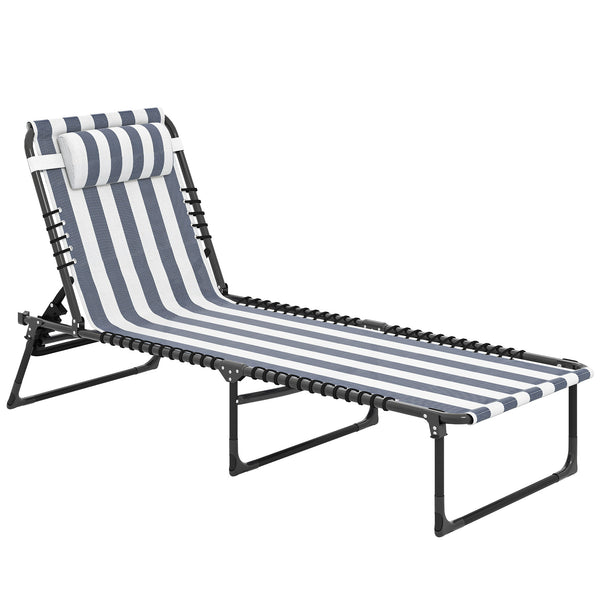 Folding Chaise Lounge Chair, Patio Sun Tanning Chair, Outdoor Chaise Lounger with 4-Position Reclining Back, Breathable Mesh Seat for Beach, Poolside, Yard, Blue and White