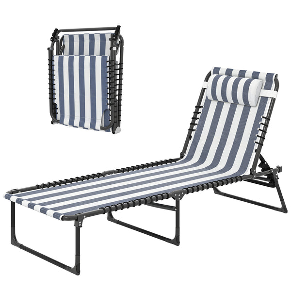 Folding Chaise Lounge Chair, Patio Sun Tanning Chair, Outdoor Chaise Lounger with 4-Position Reclining Back, Breathable Mesh Seat for Beach, Poolside, Yard, Blue and White