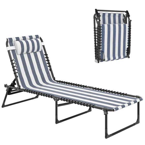 Folding Chaise Lounge Chair, Patio Sun Tanning Chair, Outdoor Chaise Lounger with 4-Position Reclining Back, Breathable Mesh Seat for Beach, Poolside, Yard, Blue and White