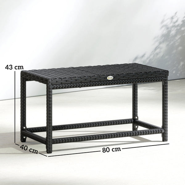 Outdoor Coffee Table, Garden PE Rattan Side Table with Plastic Board Under the Full Woven Table Top and Rectangular Frame for Patio, Balcony, Black