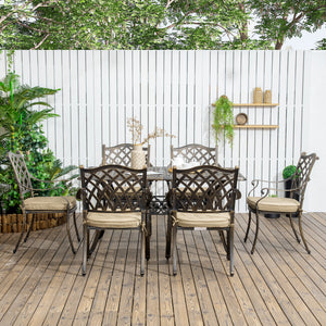7 PCs Garden Patio Dining Set with Parasol Hole, Cast Aluminium Outdoor Furniture Set with Six Cushioned Chairs and Rectangle Dining Table, for Garden, Lawn, Deck, Bronze Tone
