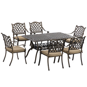 7 PCs Garden Patio Dining Set with Parasol Hole, Cast Aluminium Outdoor Furniture Set with Six Cushioned Chairs and Rectangle Dining Table, for Garden, Lawn, Deck, Bronze Tone