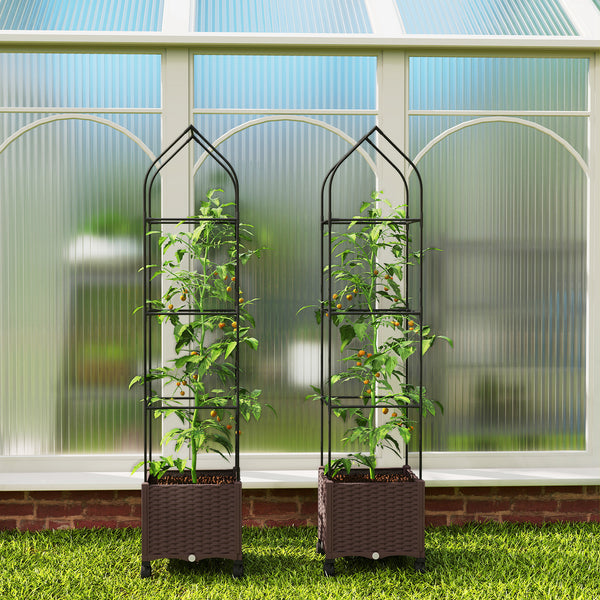 Raised Garden Bed with Trellis, Tomato Cage with Lockable Wheels, Self Watering Planter Box with Drainage Holes and Plugs for Outdoor Patio Climbing Plants, Vines, Vegetables, Flowers, Brown