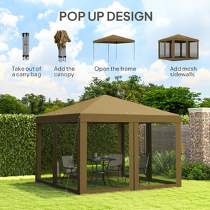 3 x 3 m Pop Up Gazebo, 420D Garden Tent Canopy with Removable Mesh Sidewall Netting, Carry Bag for Garden Patio Outdoor, Khaki