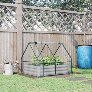 Outsunny 4' x 3' Galvanized Raised Garden Bed with Mini PVC Greenhouse Cover, Outdoor Metal Planter Box with Roll-Up Door for Growing Flowers, Fruits, Vegetables and Herbs, Clear