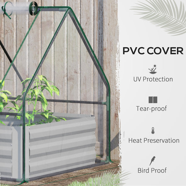 Outsunny 4' x 3' Galvanized Raised Garden Bed with Mini PVC Greenhouse Cover, Outdoor Metal Planter Box with Roll-Up Door for Growing Flowers, Fruits, Vegetables and Herbs, Clear