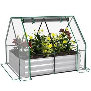 Outsunny 4' x 3' Galvanized Raised Garden Bed with Mini PVC Greenhouse Cover, Outdoor Metal Planter Box with Roll-Up Door for Growing Flowers, Fruits, Vegetables and Herbs, Clear