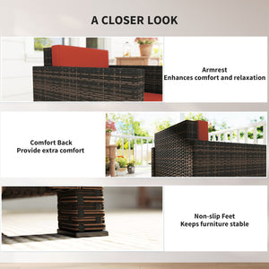 Single Seater Rattan Chair, PE Wicker Garden Armchair with 10 cm Thickened Cushion, All-Weather Rattan Garden Chair with Armrests, Mixed Brown/Orange