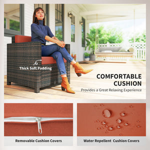 Single Seater Rattan Chair, PE Wicker Garden Armchair with 10 cm Thickened Cushion, All-Weather Rattan Garden Chair with Armrests, Mixed Brown/Orange