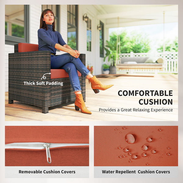 Single Seater Rattan Chair, PE Wicker Garden Armchair with 10 cm Thickened Cushion, All-Weather Rattan Garden Chair with Armrests, Mixed Brown/Orange