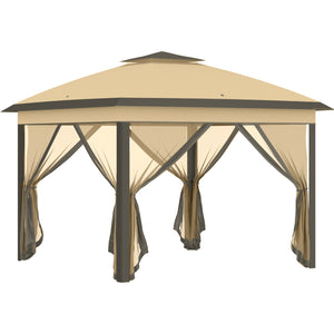 11' x 11' Pop Up Canopy, Double Roof Foldable Canopy Tent with Zipper Mesh Sidewalls, Height Adjustable and Carrying Bag, Event Tent for Patio Garden Backyard, Beige