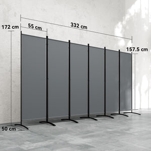6 Panel Folding Room Divider, Freestanding Privacy Screen Wall with Wide Feet, Portable Paravent Partition Separator for Offices, Balcony, Outdoor Garden, Hot Tub, 332 x 172 cm, Dark Grey