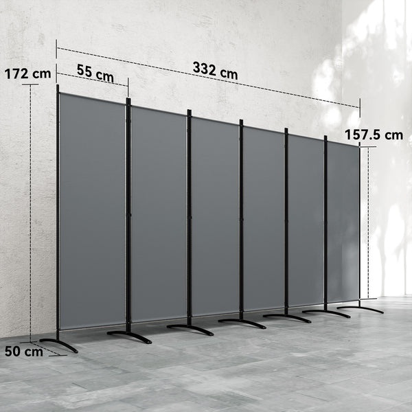 6 Panel Folding Room Divider, Freestanding Privacy Screen Wall with Wide Feet, Portable Paravent Partition Separator for Offices, Balcony, Outdoor Garden, Hot Tub, 332 x 172 cm, Dark Grey