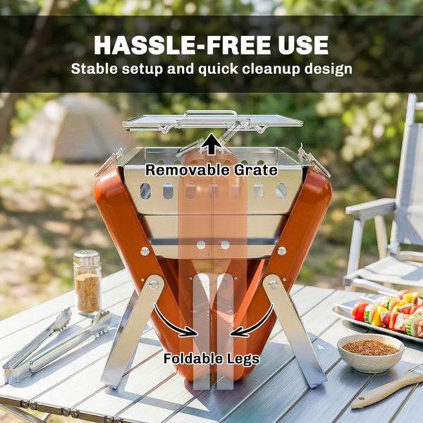 Portable BBQ Grill, Folding Charcoal Barbecue Grill with Handle and Foldable Legs for Camping Garden Outdoor Cooking, Orange