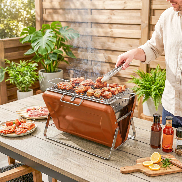 Portable BBQ Grill, Folding Charcoal Barbecue Grill with Handle and Foldable Legs for Camping Garden Outdoor Cooking, Orange
