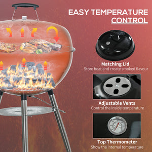 Portable Kettle Charcoal Grill BBQ Smoker with Cover, Outdoor Round Barbecue with Lid, Thermometer, Turner, Knife, Clip, Storage Shelf, & Wheels for Party Patio Garden