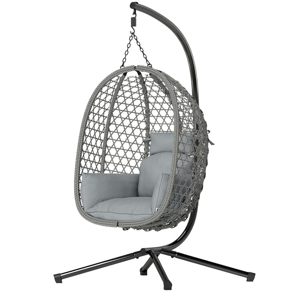 Hanging Egg Chair, Indoor Outdoor Rattan Hammock Swing Chair with Stand, Safety Strap, Foldable Basket, Thick Cushion, Headrest, Metal Frame for Garden Balcony Patio Lounge Porch, Dark Grey