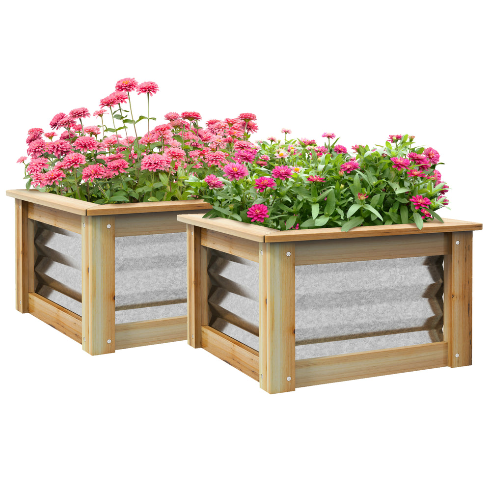 Outsunny Raised Garden Bed Set of 2, Planters for Outdoor Plants, Galvanized Metal Reinforced with Wood, Stock Tanks for Growing Flowers, Herbs and Vegetables