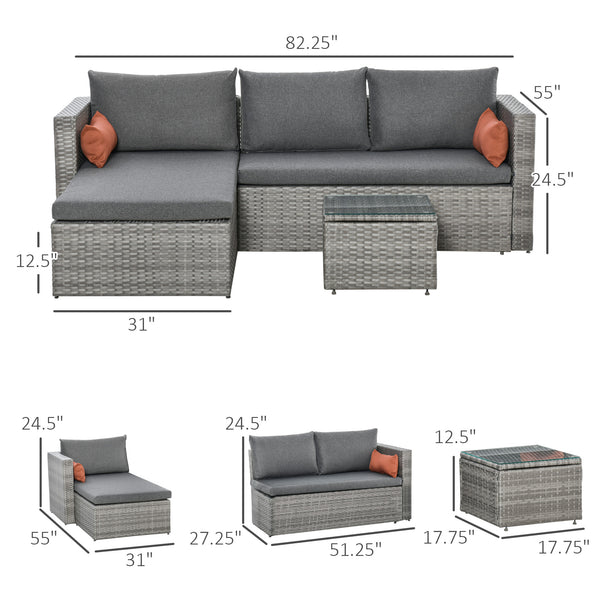 3-Piece Patio Furniture Set Modern Sectional Sofa Rattan Chair Wicker Conversation Set Outdoor Hand Woven Rattan Wicker Furniture Patio Coffee Table Sofa Set, Grey