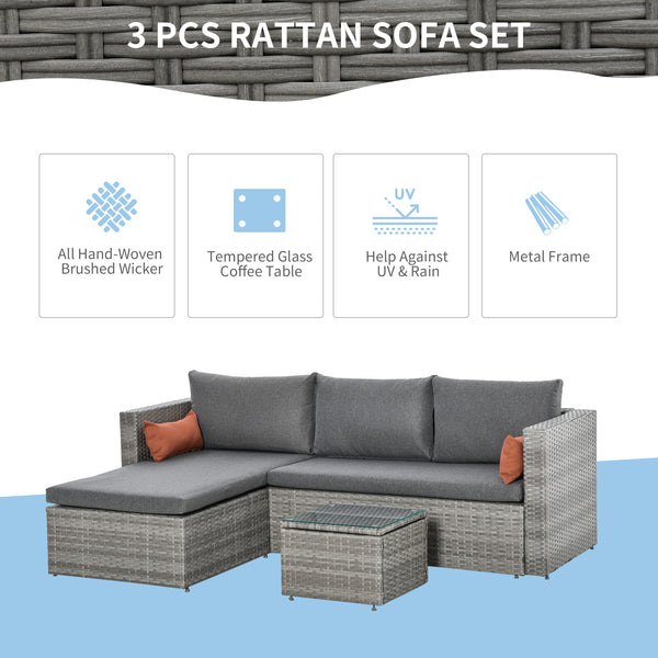 3-Piece Patio Furniture Set Modern Sectional Sofa Rattan Chair Wicker Conversation Set Outdoor Hand Woven Rattan Wicker Furniture Patio Coffee Table Sofa Set, Grey