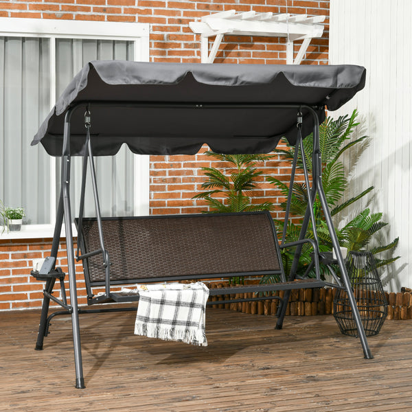 3 Seater Swing Chair, Garden Swing Seat Bench with Adjustable Canopy, Rattan Seat and Steel Frame for Patio, Yard, Dark Grey