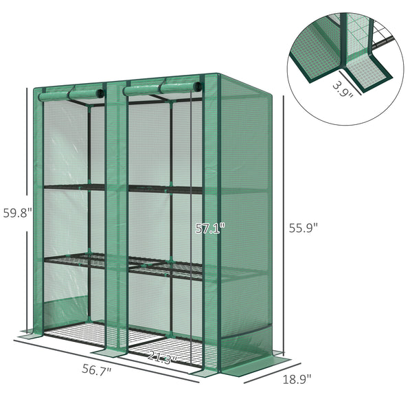 Lean-to Greenhouse with 3 Tier Shelves, 56.7" x 18.9" x 59.8" Portable Small Greenhouse with PE Cover, 2 Roll-Up Zippered Doors, for Indoor Outdoor Garden Backyard Balcony, Green