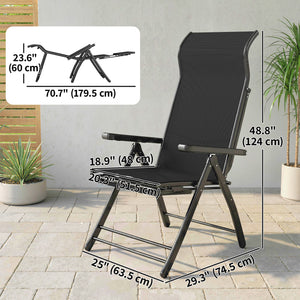 Folding Patio Chairs Set of 2, Reclining Outdoor Chair with 33.5" High Back, Retractable Footrest, 5-Position Outdoor Recliner Lounge Chairs for Lawn Yard Beach, Black