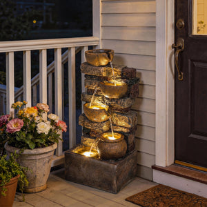 28" Outdoor Fountain with 5-Tier Rustic Jugs and Rock, Cascading Waterfall with LED Lights, Adjustable Flow, Resin Freestanding Garden Fountain for Garden Patio, Rustic Brown