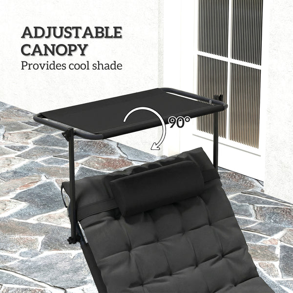 Folding Chaise Lounge Chair with Cushion and Adjustable Sun Shade, 4-Position Adjustable Outdoor Lounge Chair with Headrest, Sun Lounger with Cushion for Porch, Dark Grey