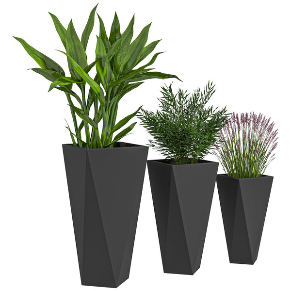 Outsunny Set of 3 Tall Planters, 28.75", 24.5", 20.5", MgO Indoor Outdoor Planters with Drainage Holes, Stackable Flower Pots for Garden, Patio, Balcony, Front Door, Black