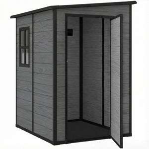 4 x 5FT Plastic Garden Shed with Floor, Lean to Outdoor Storage Shed, Lockable Tool Storage House with Window, Vent and Plastic Roof, Wood-Effect