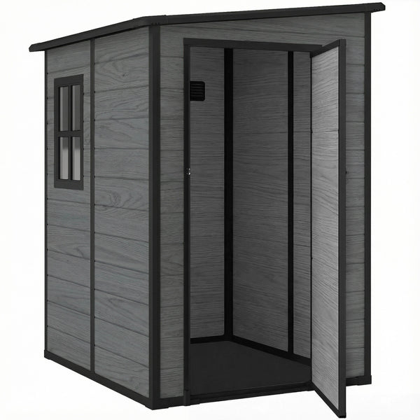 4 x 5FT Plastic Garden Shed with Floor, Lean to Outdoor Storage Shed, Lockable Tool Storage House with Window, Vent and Plastic Roof, Wood-Effect