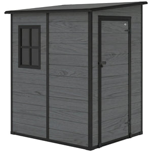 4 x 5FT Plastic Garden Shed with Floor, Lean to Outdoor Storage Shed, Lockable Tool Storage House with Window, Vent and Plastic Roof, Wood-Effect