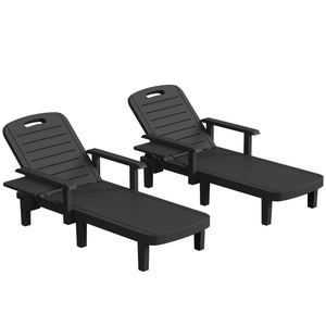 Set of 2 Resin Reclining Sun Loungers for Garden, 5 Positions Adjustable Outdoor Chaise Lounge Chair with Wood Texture Surface, Armrests, Foldable Side Table for Garden, Beach, Black