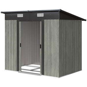 7 x 4ft Outdoor Storage Shed with Foundation Kit, Lean to Metal Garden Shed for Log, Rubbish Bin, Tool, Lawnmower, Bike, Patio Use, Light Grey Wood Effect