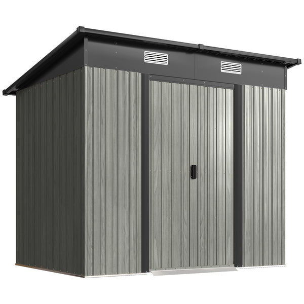 7 x 4ft Outdoor Storage Shed with Foundation Kit, Lean to Metal Garden Shed for Log, Rubbish Bin, Tool, Lawnmower, Bike, Patio Use, Light Grey Wood Effect