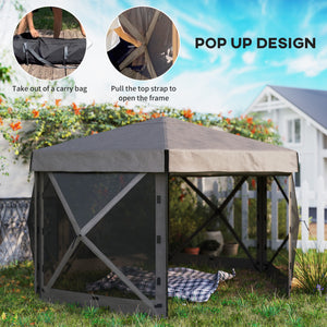 Outsunny 12' x 12' Hexagonal Pop Up Gazebo Canopy Tent with 5 Sidewalls, Waterproof Portable Outdoor Canopy Shelter with Curtains, Carry Bag, 5 Ropes, 11 Stakes for Camping, Garden, Patio, Brown