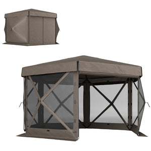 Outsunny 12' x 12' Hexagonal Pop Up Gazebo Canopy Tent with 5 Sidewalls, Waterproof Portable Outdoor Canopy Shelter with Curtains, Carry Bag, 5 Ropes, 11 Stakes for Camping, Garden, Patio, Brown