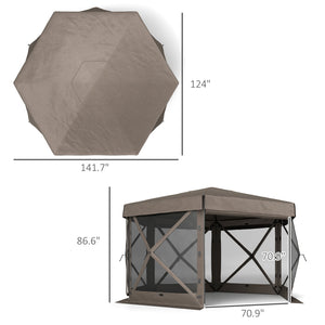 Outsunny 12' x 12' Hexagonal Pop Up Gazebo Canopy Tent with 5 Sidewalls, Waterproof Portable Outdoor Canopy Shelter with Curtains, Carry Bag, 5 Ropes, 11 Stakes for Camping, Garden, Patio, Brown