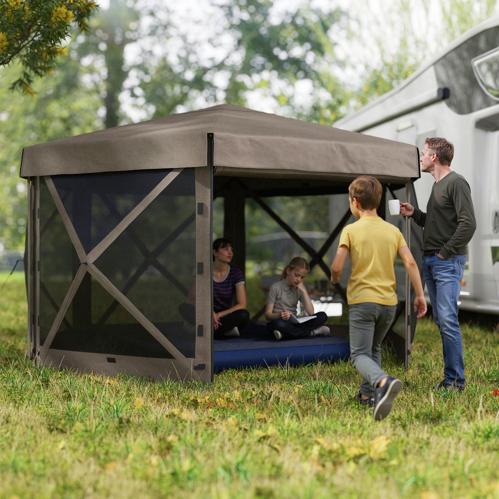 tents and gazebos Outsunny 12' x 12' Hexagonal Pop Up Gazebo Canopy Tent with 5 Sidewalls, Outdoor Canopy Shelter with Carry Bag, Brown
