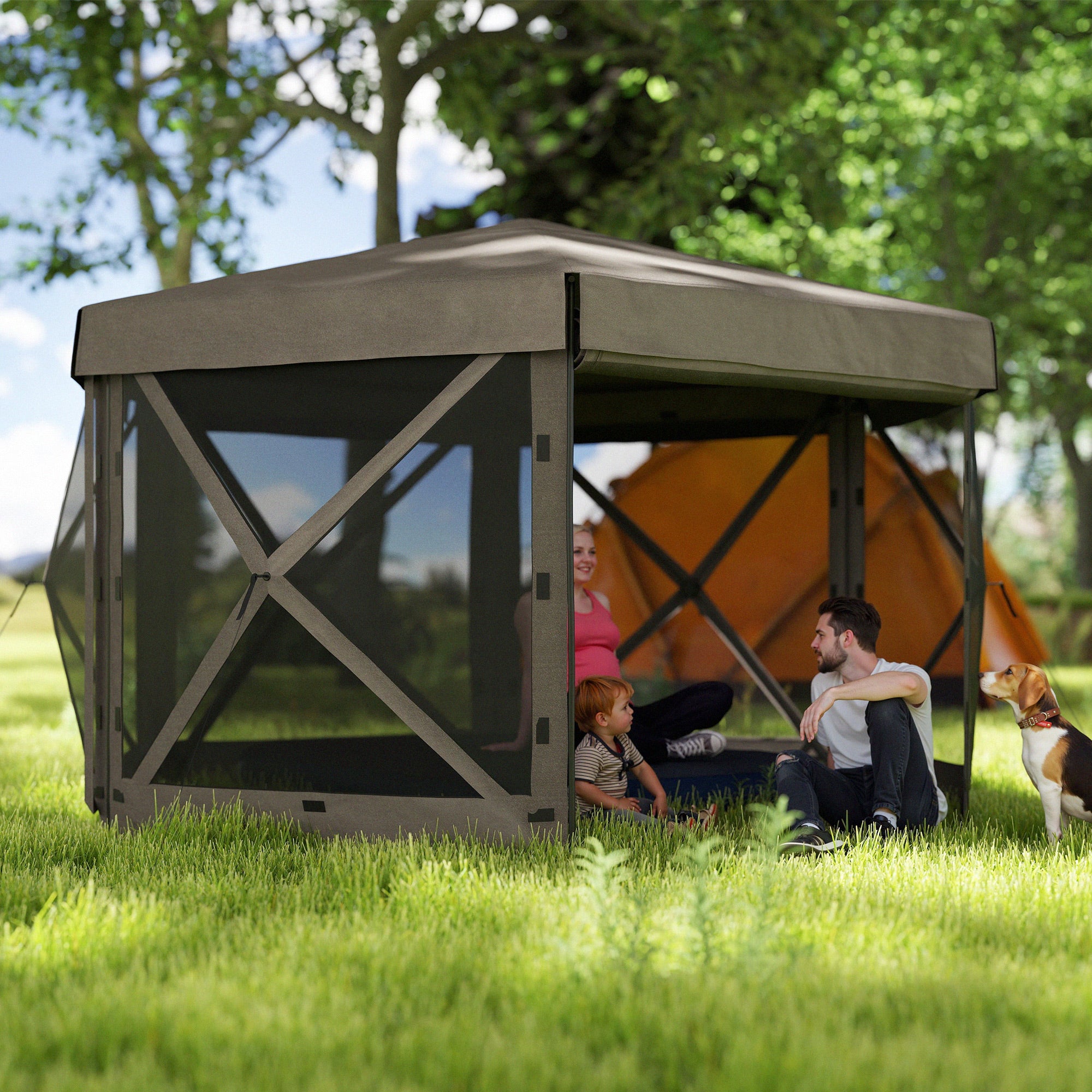 Outsunny 12' x 12' Hexagonal Pop Up Gazebo Canopy Tent with 5 Sidewalls, Outdoor Canopy Shelter with Carry Bag, Brown
