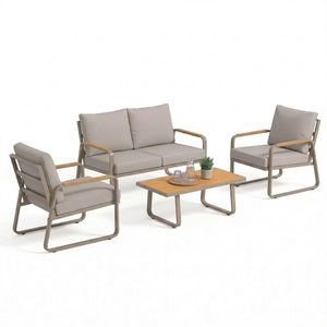 4 Piece Patio Furniture Set, Outdoor Conversation Set with Loveseat, 2 Armchairs, Coffee Table and Cushions, Garden Furniture with Metal Frame for Poolside Porch, Brown