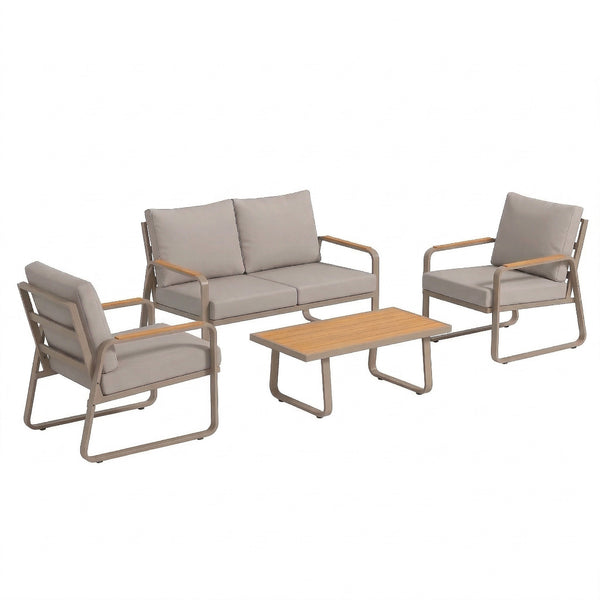 4 Piece Patio Furniture Set, Outdoor Conversation Set with Loveseat, 2 Armchairs, Coffee Table and Cushions, Garden Furniture with Metal Frame for Poolside Porch, Brown