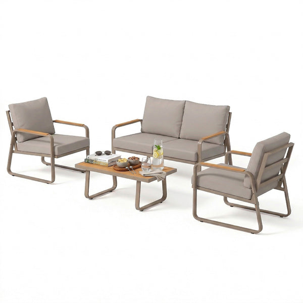 4 Piece Patio Furniture Set, Outdoor Conversation Set with Loveseat, 2 Armchairs, Coffee Table and Cushions, Garden Furniture with Metal Frame for Poolside Porch, Brown