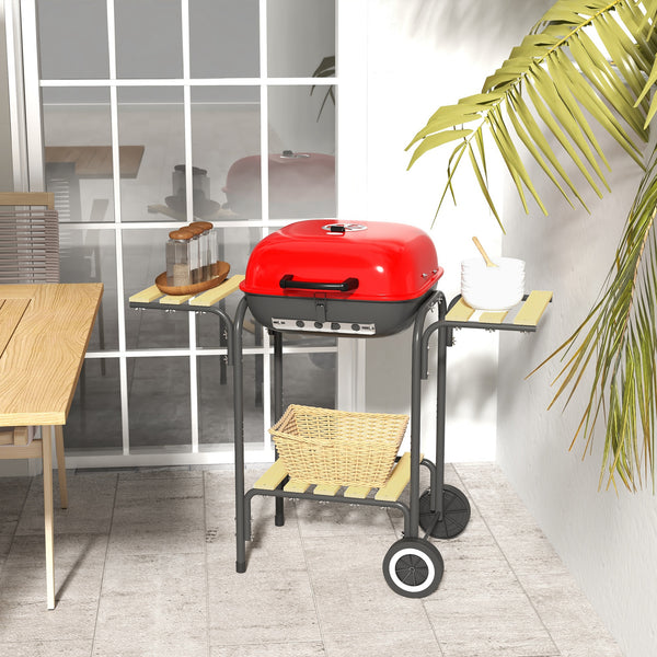 Outsunny 17" Portable Charcoal Grill with Wheels, 2 Side Tables and Bottom Shelf, BBQ with Adjustable Vents on Lid for Picnic, Camping, Backyard, Cooking, Red