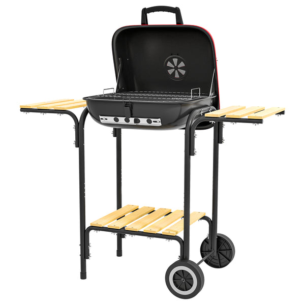 Outsunny 17" Portable Charcoal Grill with Wheels, 2 Side Tables and Bottom Shelf, BBQ with Adjustable Vents on Lid for Picnic, Camping, Backyard, Cooking, Red