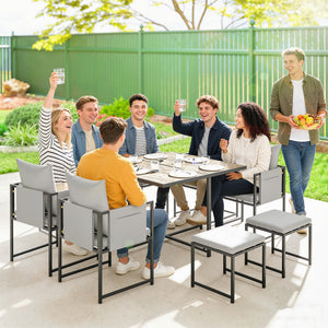 9 Piece Garden Dining Set, Cube Outdoor Garden Furniture Set with Cushions, 8 Seater Garden Table and Chairs with 4 Stools, Square Plastic Top Table, Side Pockets for Conservatory, Dark Grey