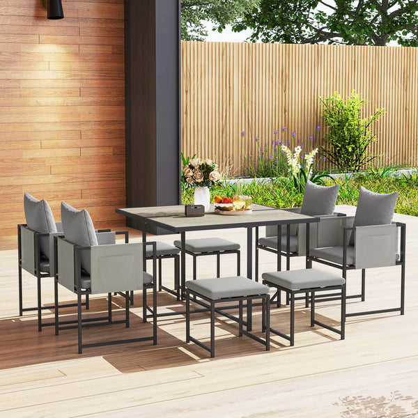 9 Piece Garden Dining Set, Cube Outdoor Garden Furniture Set with Cushions, 8 Seater Garden Table and Chairs with 4 Stools, Square Plastic Top Table, Side Pockets for Conservatory, Dark Grey