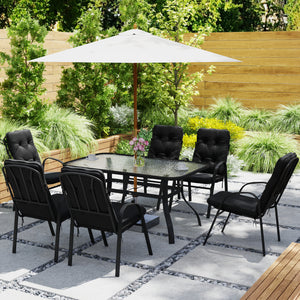 7 Pieces Garden Dining Set, Outdoor Rectangular Dining Table and 6 Cushioned Armchairs, Tempered Glass Top Table w/ Umbrella Hole, Texteline Seats, Black