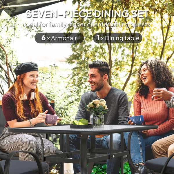 7 Pieces Garden Dining Set, Outdoor Rectangular Dining Table and 6 Cushioned Armchairs, Tempered Glass Top Table w/ Umbrella Hole, Texteline Seats, Black